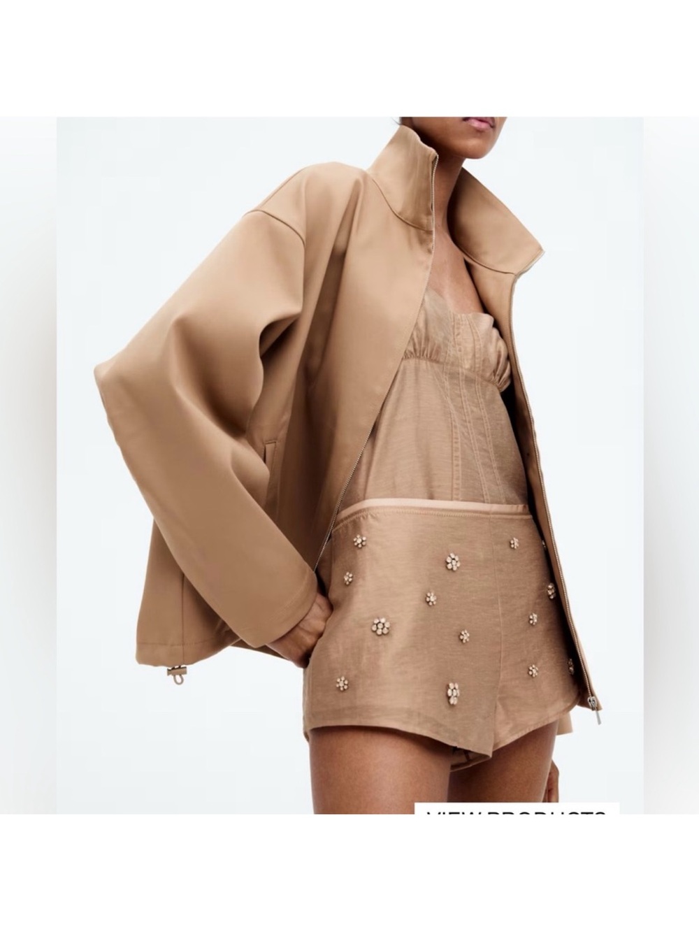 H&M Tan Oversized Bomber Jacket shorts and tank top USA M